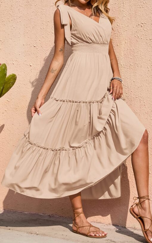 Women's Cross Neck Summer Sleeveless Tiered Maxi Dress Beach Tie Strap Smocked Long Dresses Pleated Sundress - Image 2