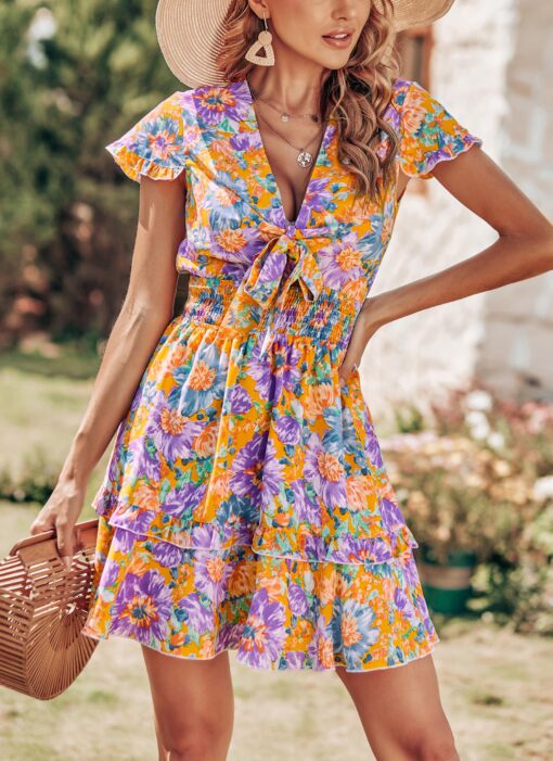 Women Summer Mini Short Dress 2025 Short Sleeve Casual Beach Vacation Sundress V Neck Tiered Sun Dresses - Image 6