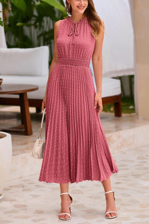 Women's Midi Summer Dresses Casual V Neck Swiss Dot Ruffle Sleeveless A Line Beach Sun Dress - Image 8