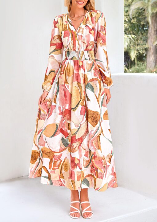 Women's Floral Midi Dress Casual Fall V Neck Long Sleeve Flowy Spring Beach Wedding Guest Vacation Dresses - Image 7
