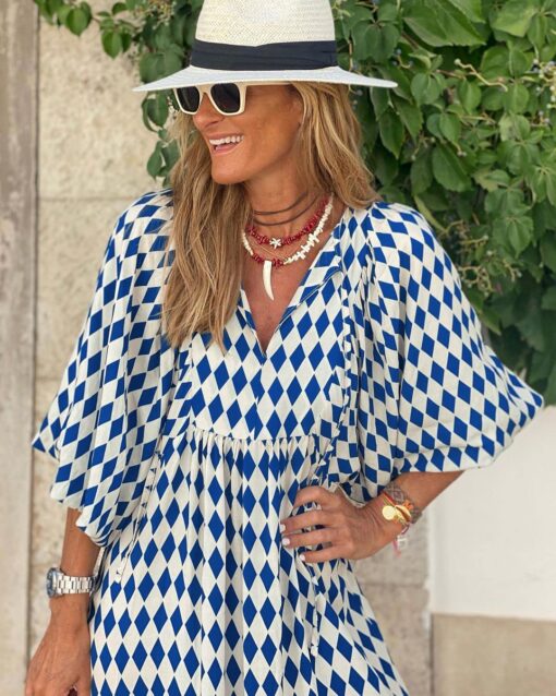 Womens Loose Fit Casual Summer V Neck Half Sleeve Bohemian Geometric Pattern Maxi Long Dresses - Image 7