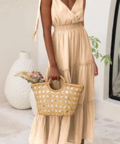 Women's Cross Neck Summer Sleeveless Tiered Maxi Dress Beach Tie Strap Smocked Long Dresses Pleated Sundress