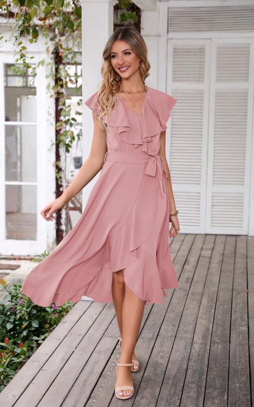 Women's 2025 Summer Cross Midi Dress Casual Boho Deep V Neck Short Sleeve Ruffle Hem Split Beach Long Dresses - Image 7