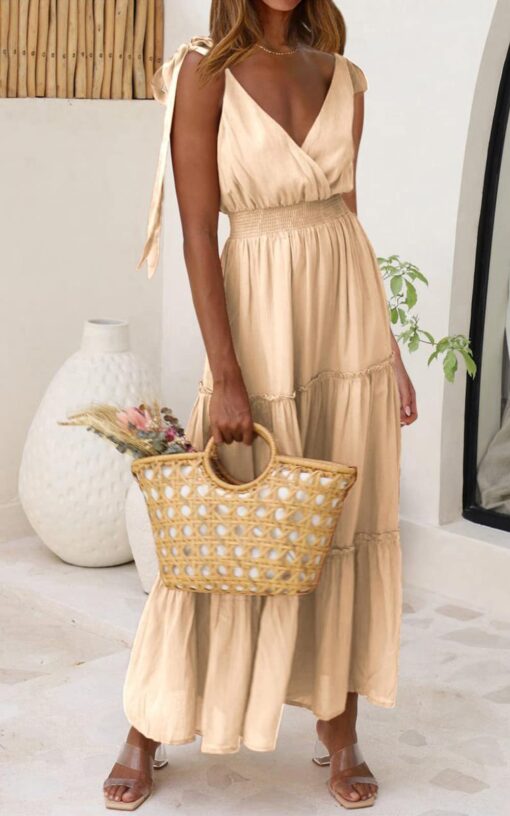 Women's Cross Neck Summer Sleeveless Tiered Maxi Dress Beach Tie Strap Smocked Long Dresses Pleated Sundress