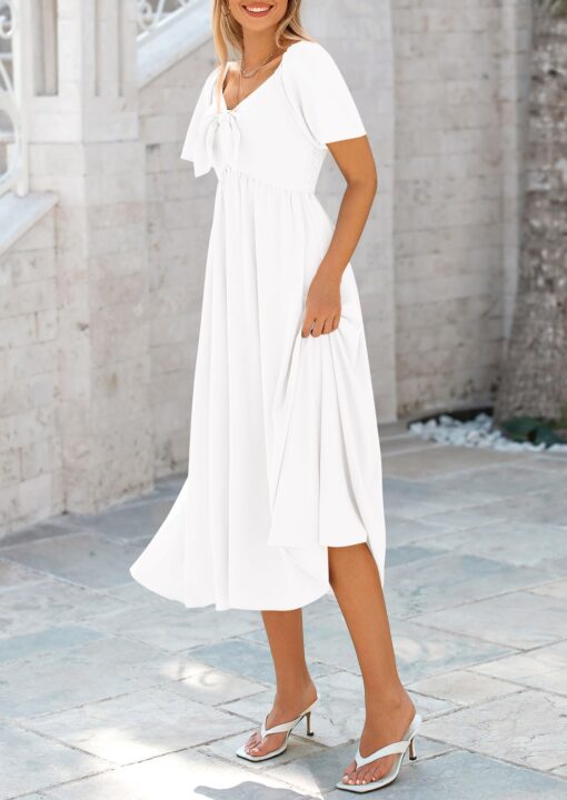 2025 Summer Dress for Women Casual Short Sleeve Bow Tie V Neck Ruffle Midi Flowy Dresses - Image 8