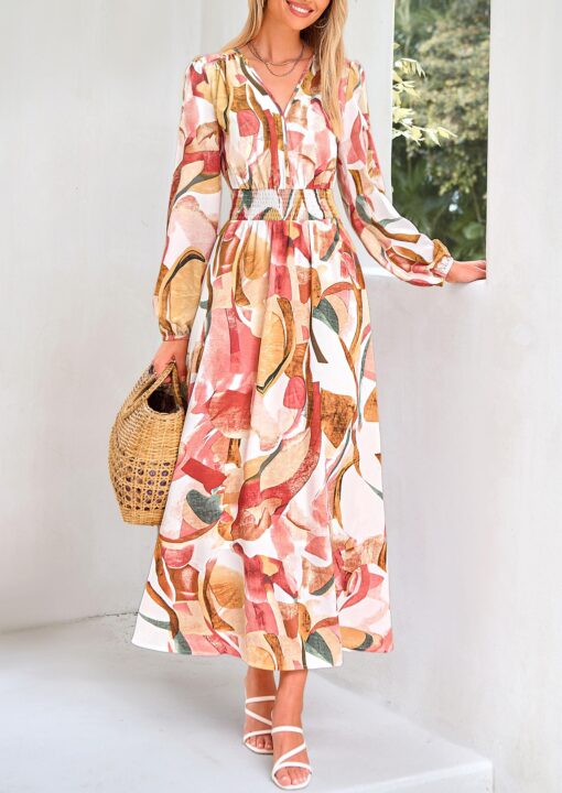 Women's Floral Midi Dress Casual Fall V Neck Long Sleeve Flowy Spring Beach Wedding Guest Vacation Dresses - Image 9